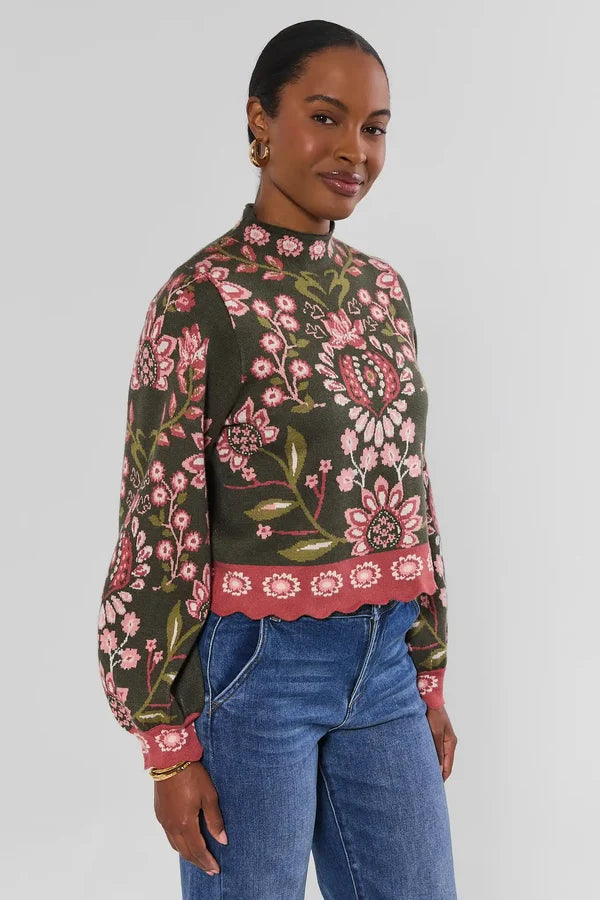 High Neck Long Sleeve Floral Sweater - Olive