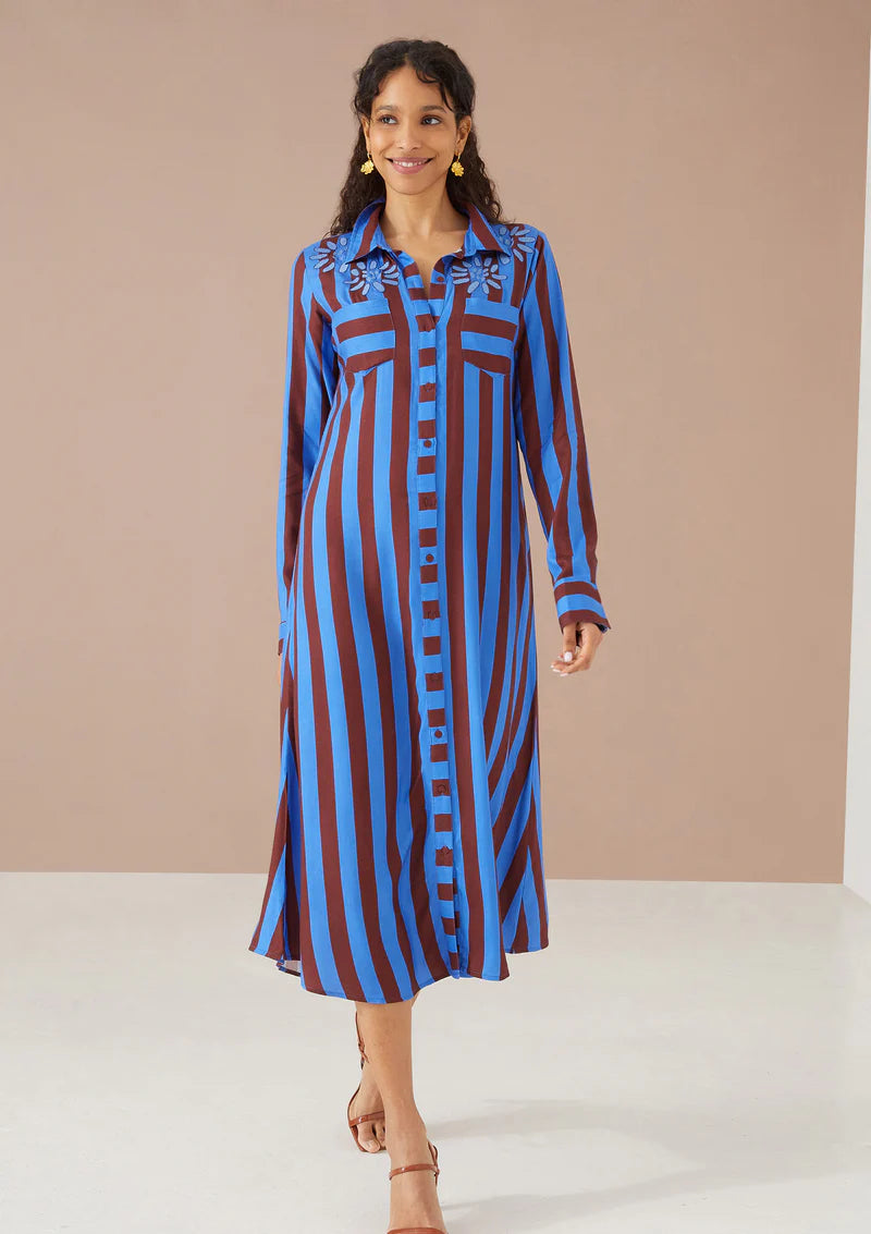 Waverly Dress - Parasol Stripe Cinnamon Blue