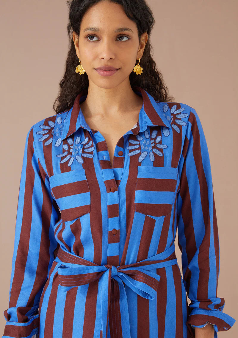 Waverly Dress - Parasol Stripe Cinnamon Blue