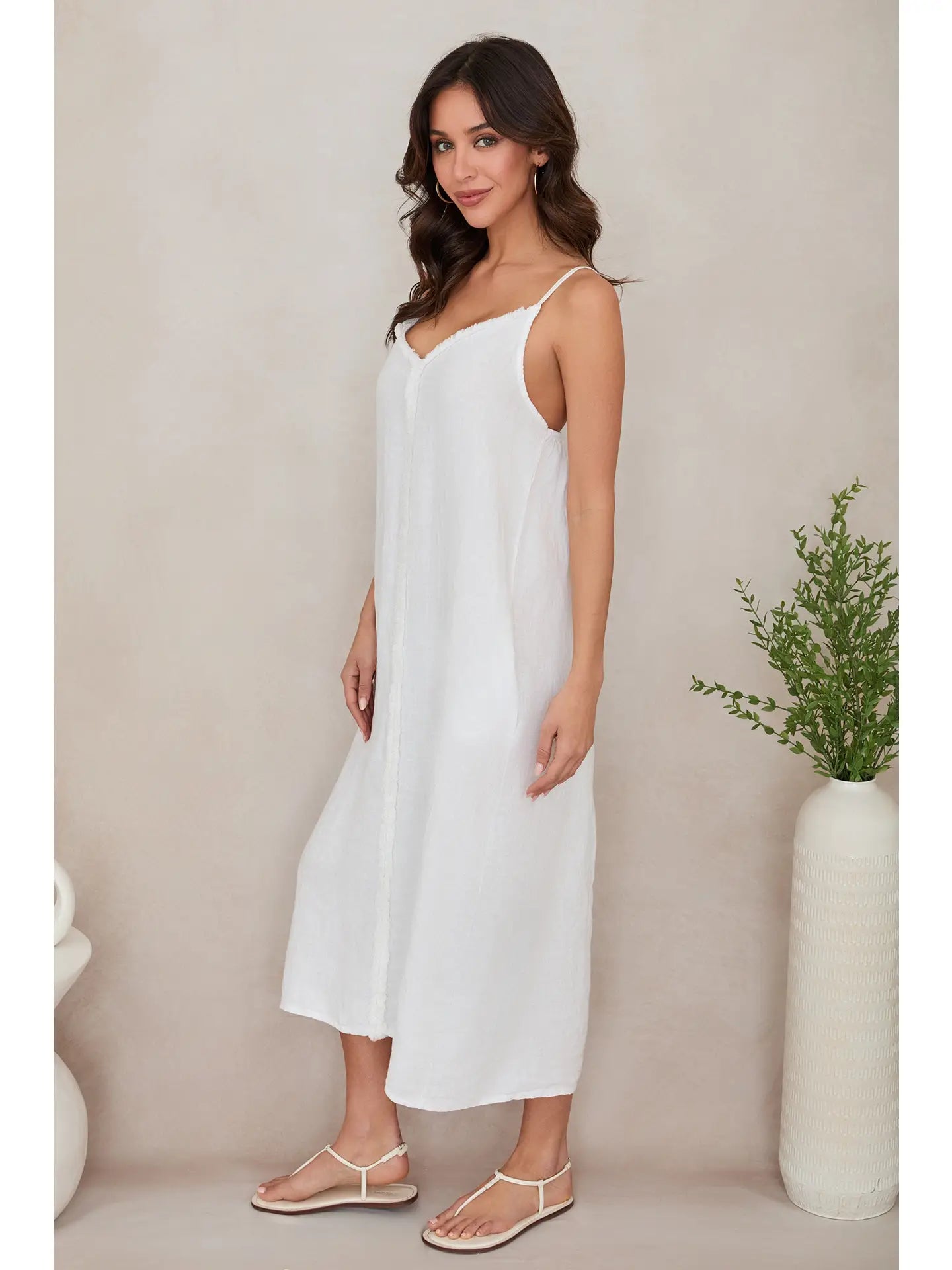 Raw Edge Seam Sleeveless Maxi Dress with Pockets - White