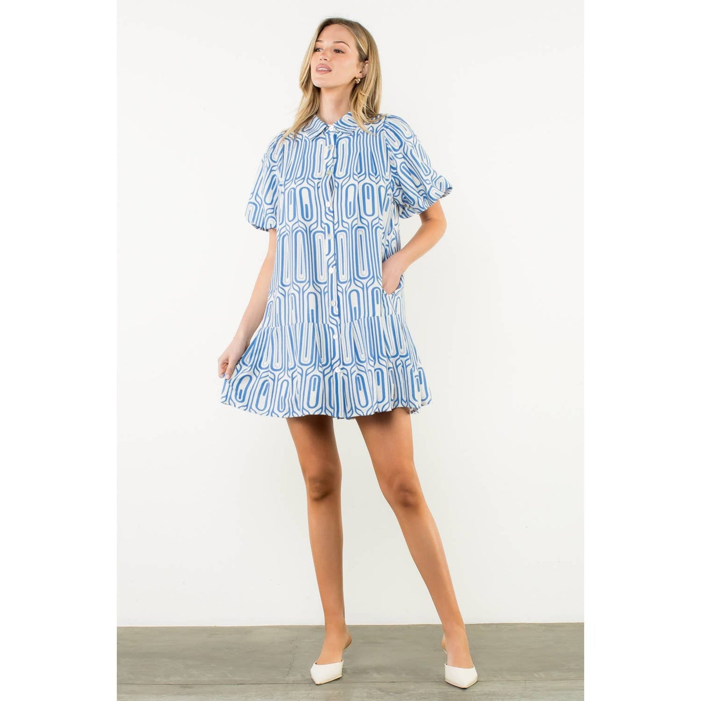 Geometric Puff Sleeve Button Dress - Blue