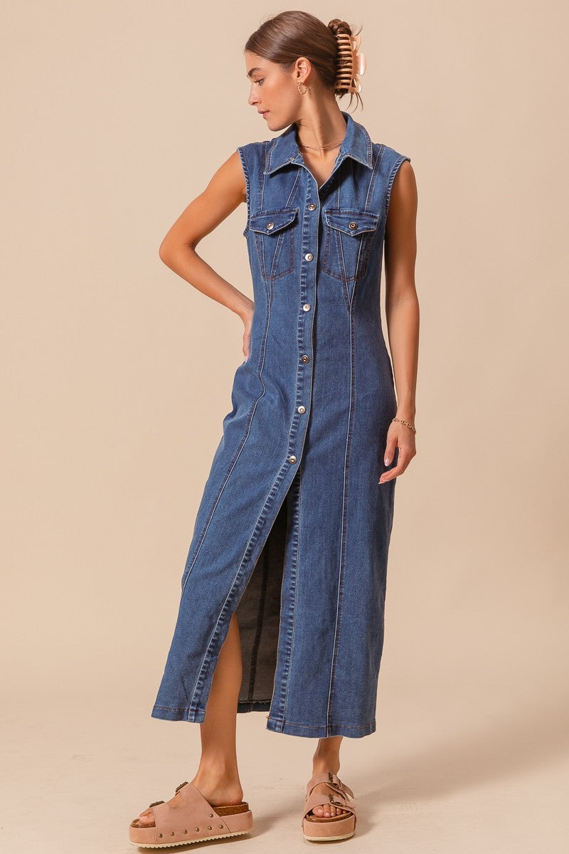 Button Front Maxi Shirt Dress - Dark Denim