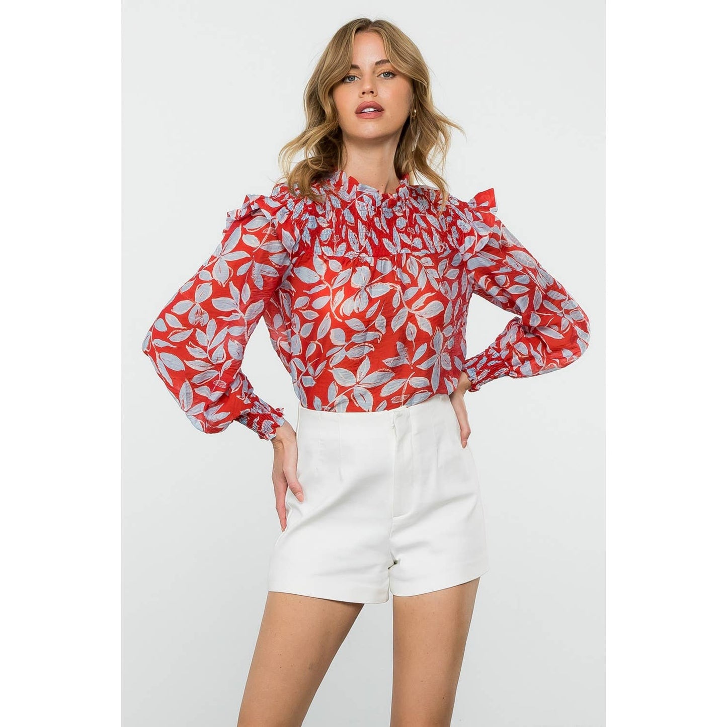 Long Sleeve Sheer Print Top - Red