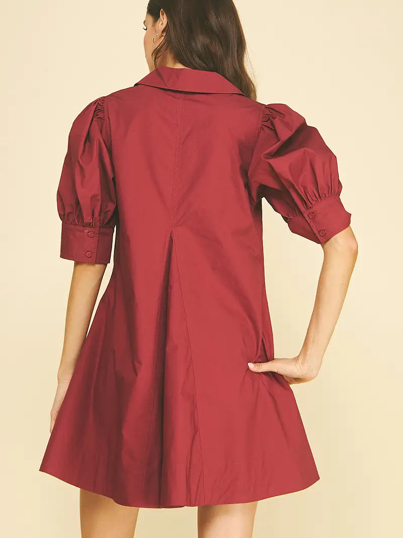Puff Sleeve V-Neck Mini Dress - Maroon