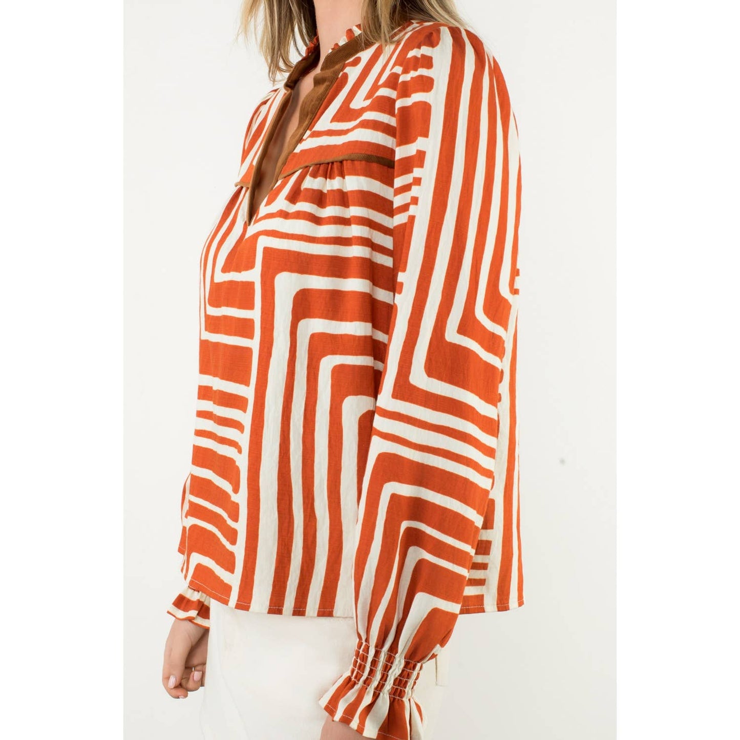 Abstract Print Long Sleeve V-Neck Top - Rust
