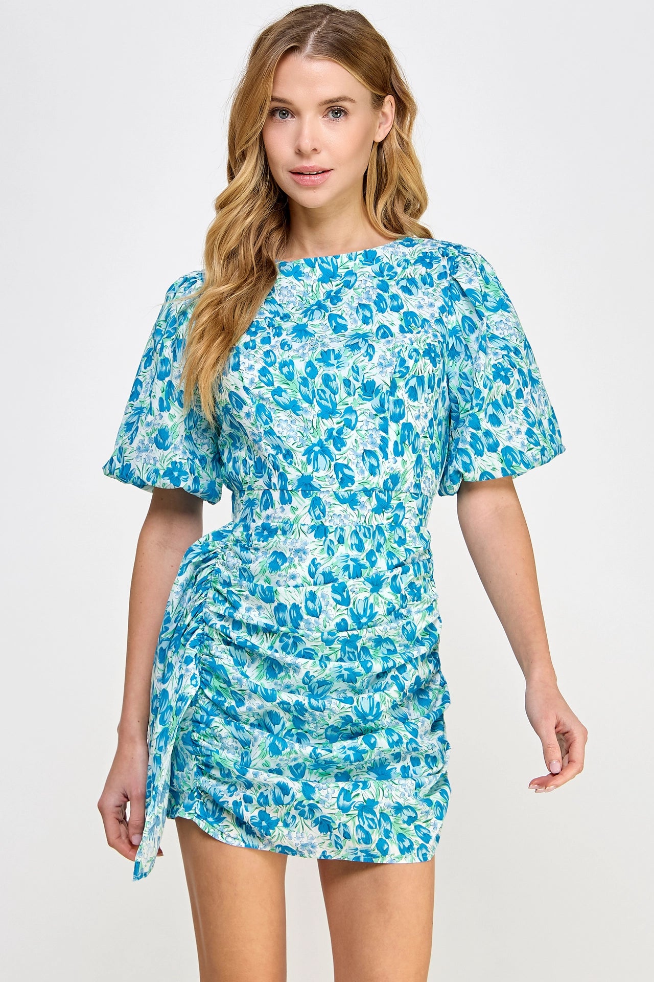 Ruched Short Puff Sleeve Floral Voile Mini Dress - Blue