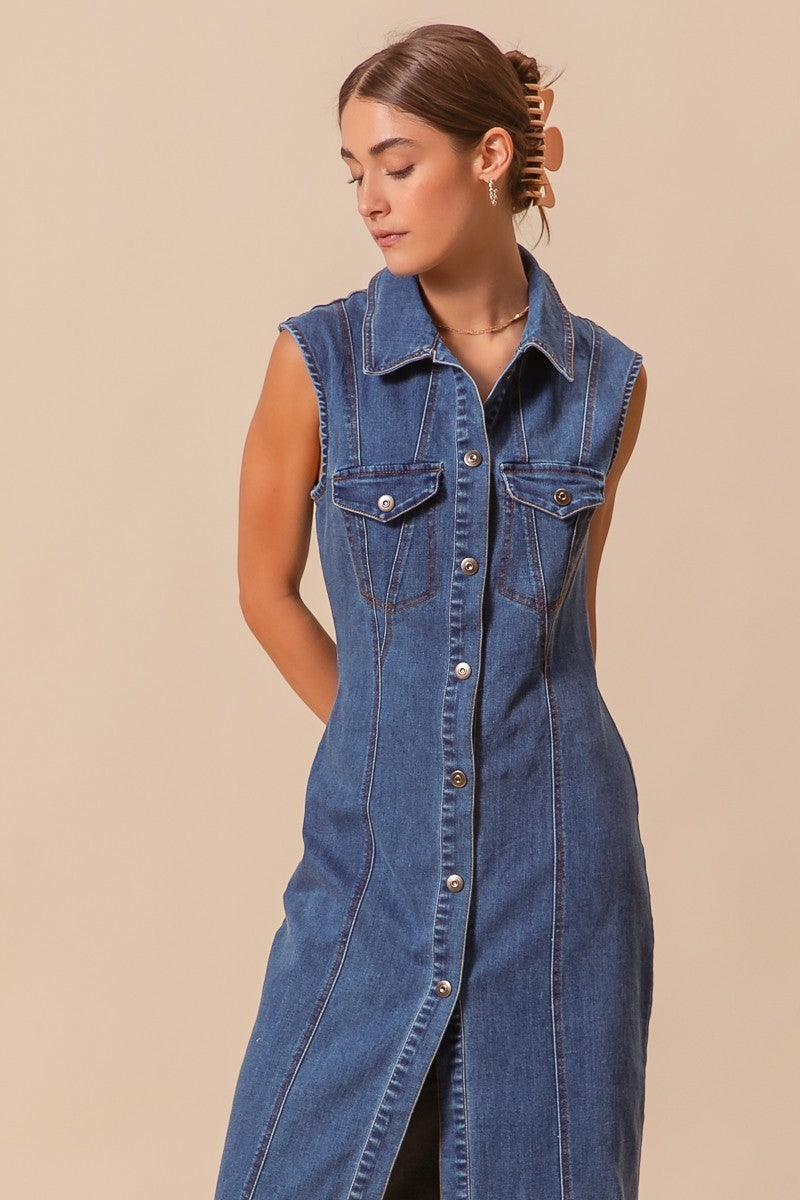 Button Front Maxi Shirt Dress - Dark Denim