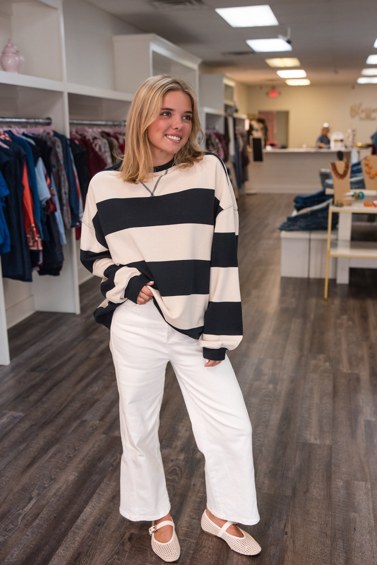 Free People Classic Stripe Crew Sweatshirt - Black Combo