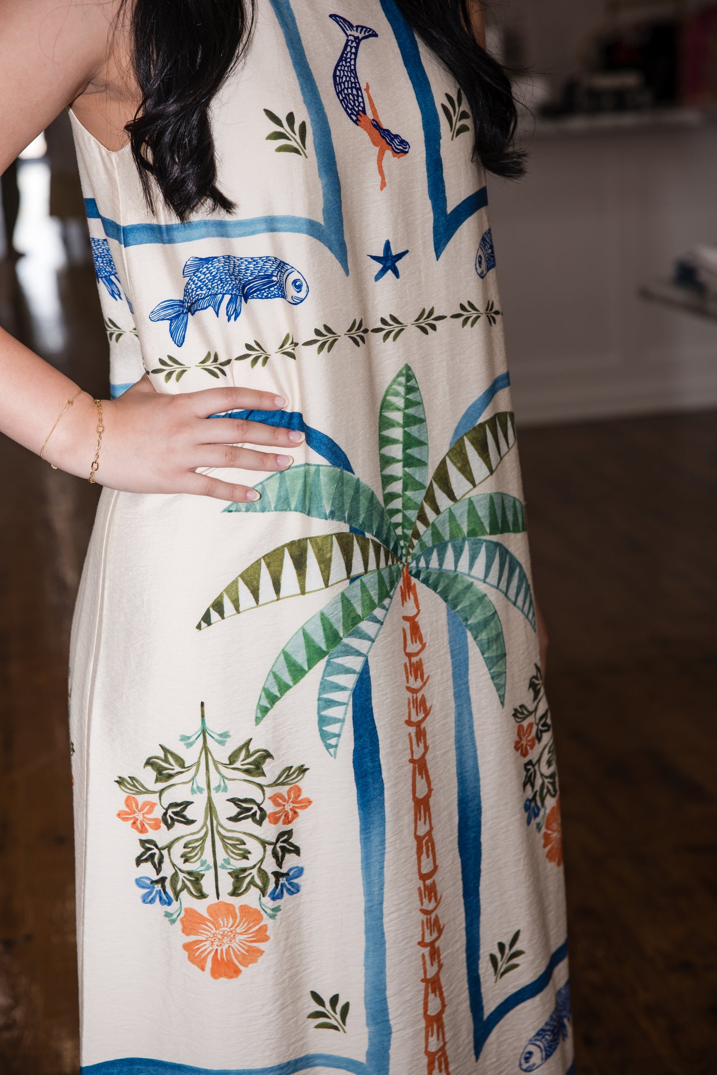Palm & Mermaid Print Long Dress