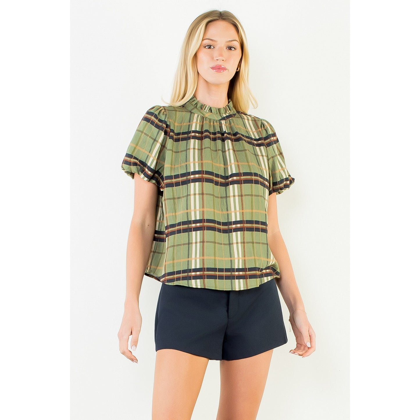 Ruffled Neck Plaid Top - Olive
