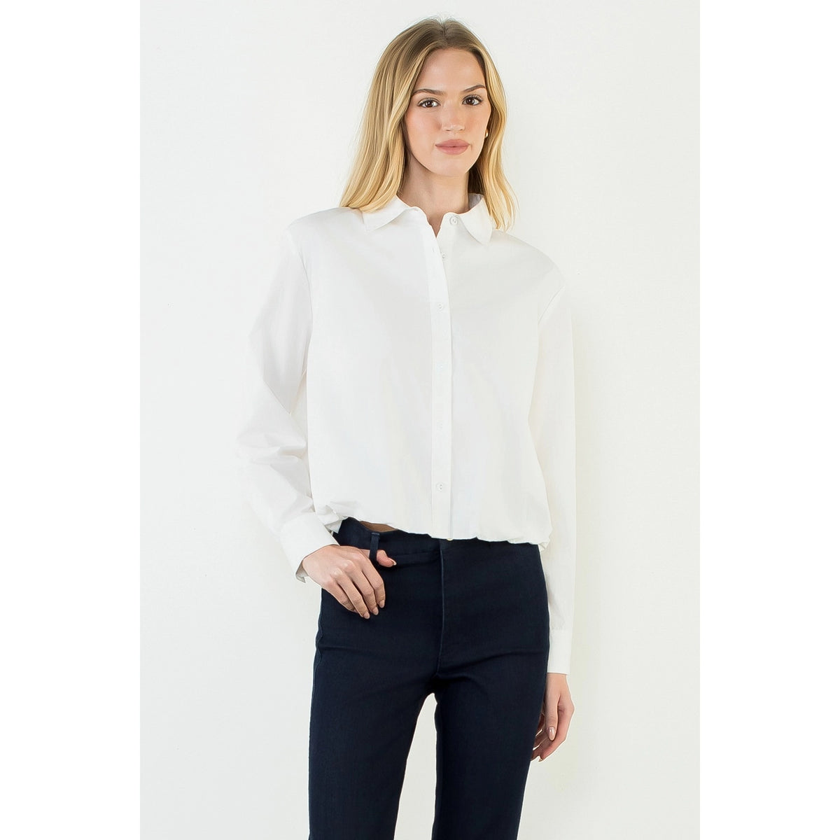 Long Sleeve Cinched Button Down Top - White