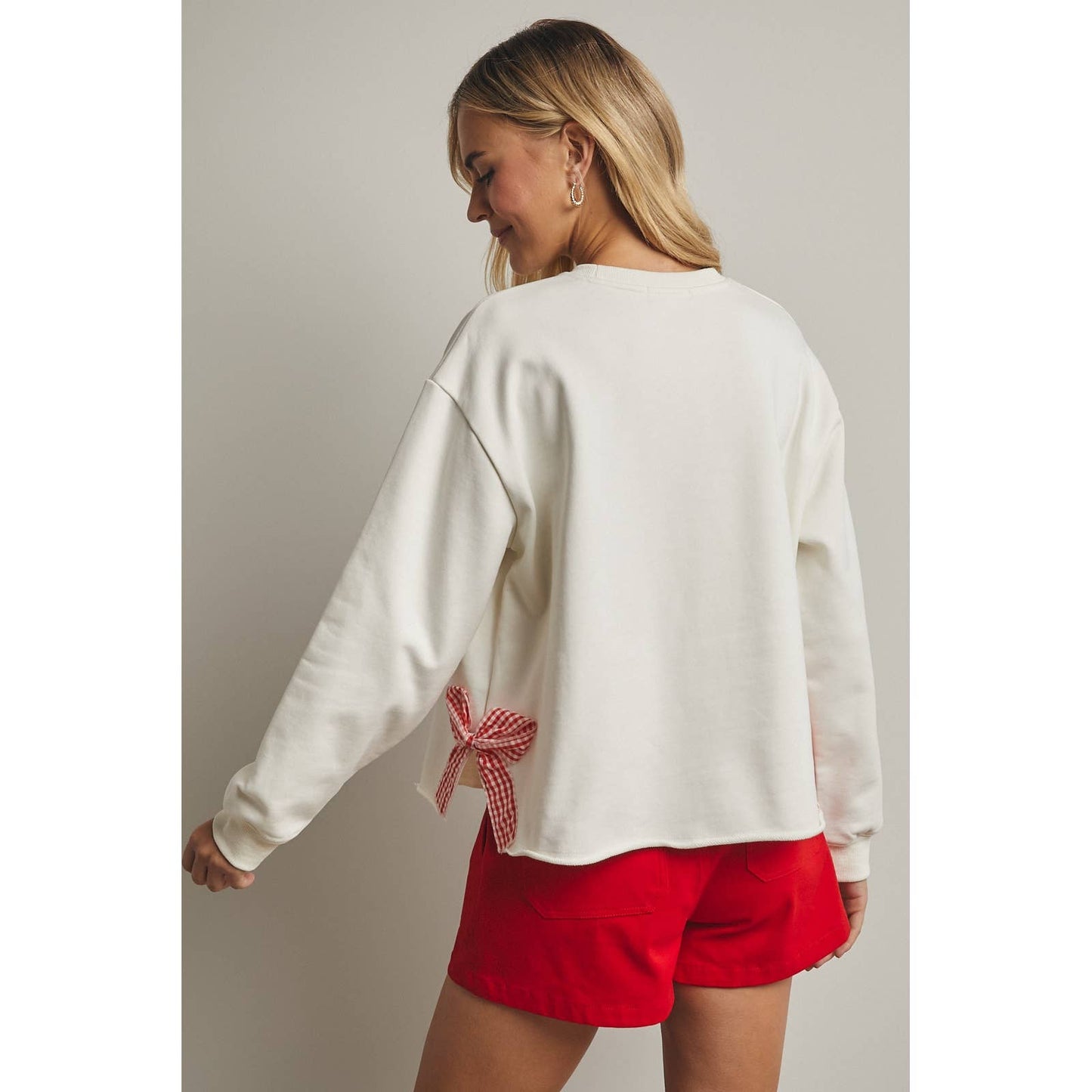 Side Gingham Bow Pullover Top - Off White/Red