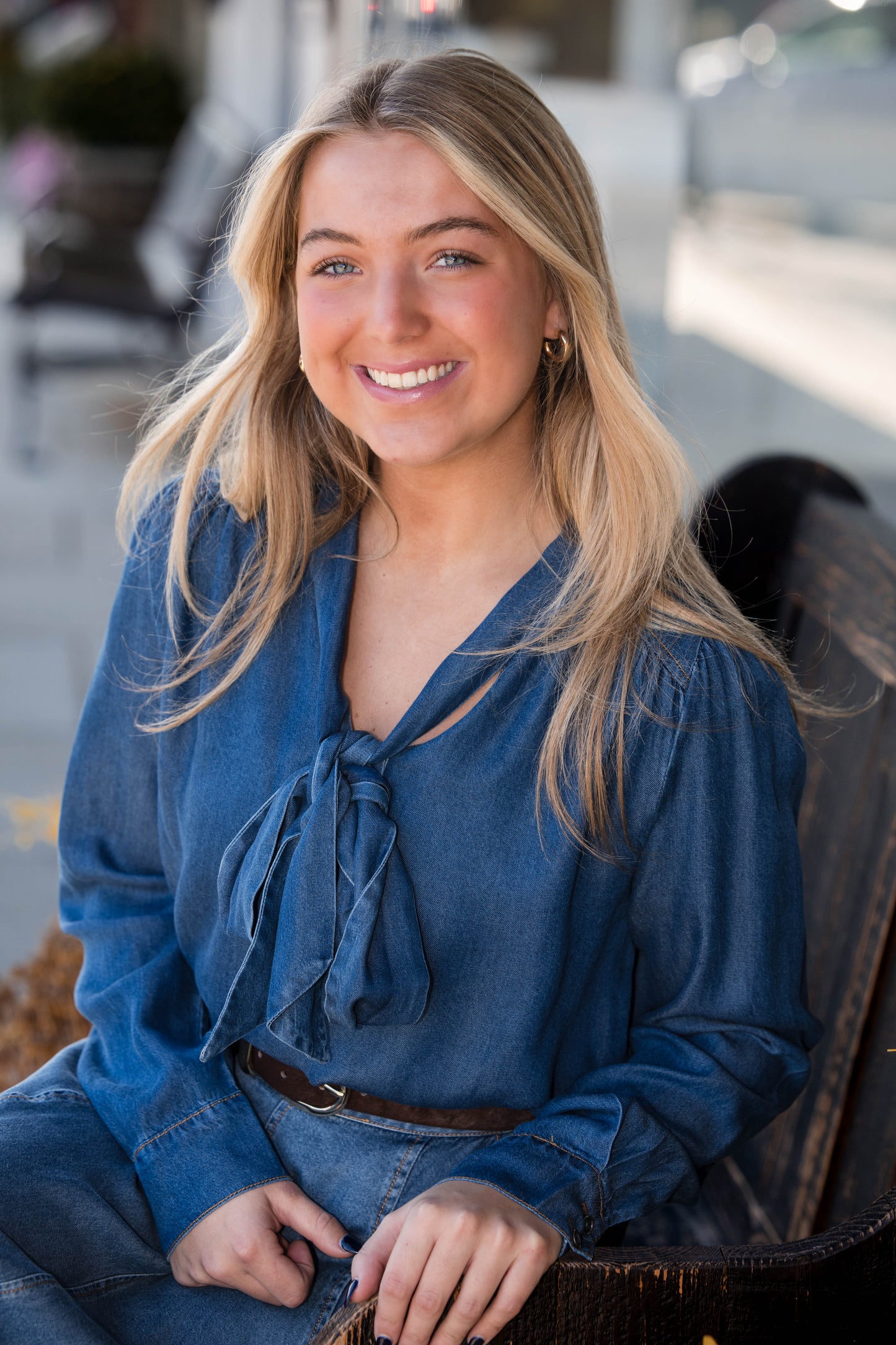 Denim Tie Neck Long Sleeve Blouse - Dark Denim