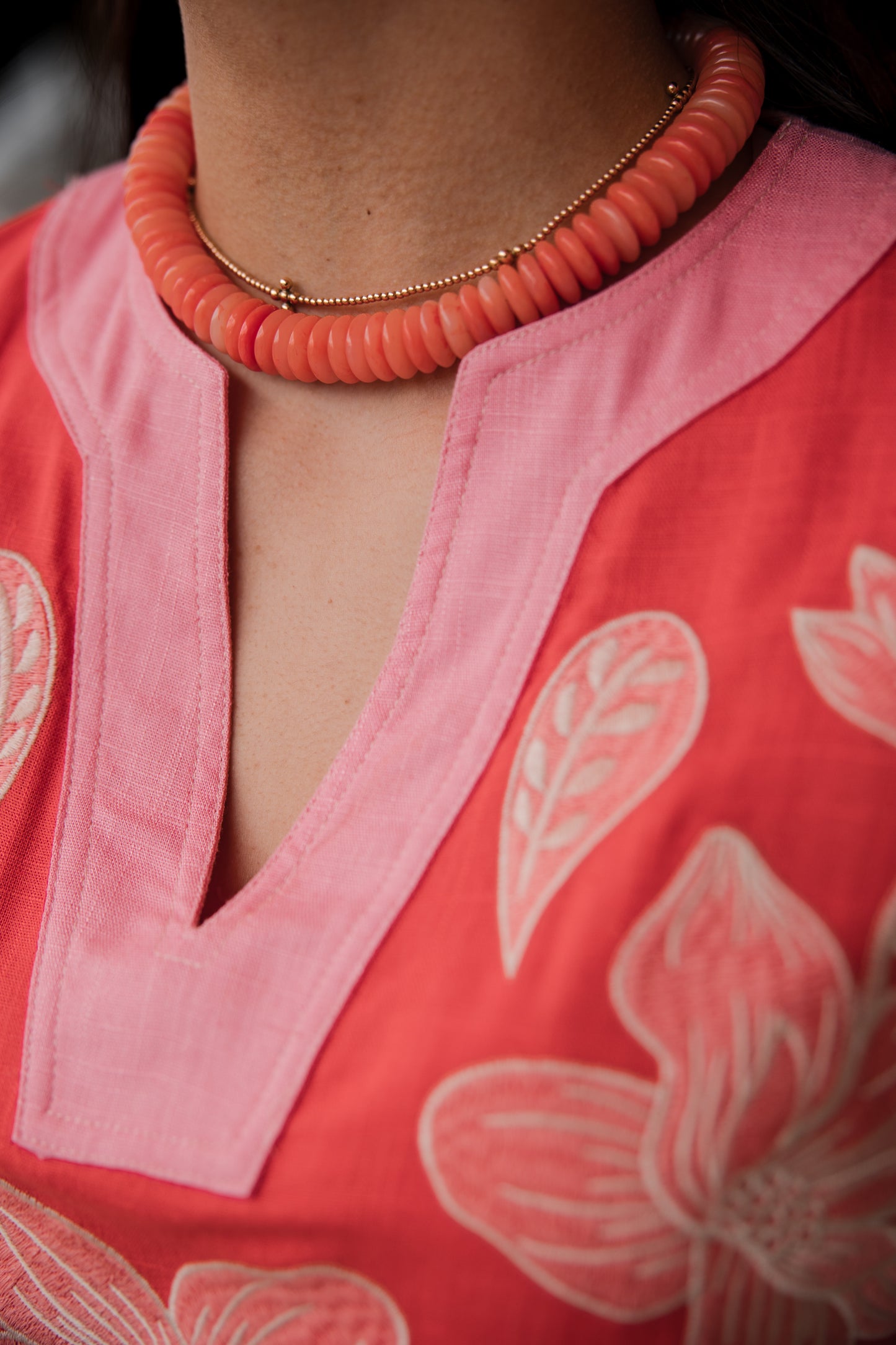 Short Sleeve Floral Embroidery Detail Dress - Orange/Pink