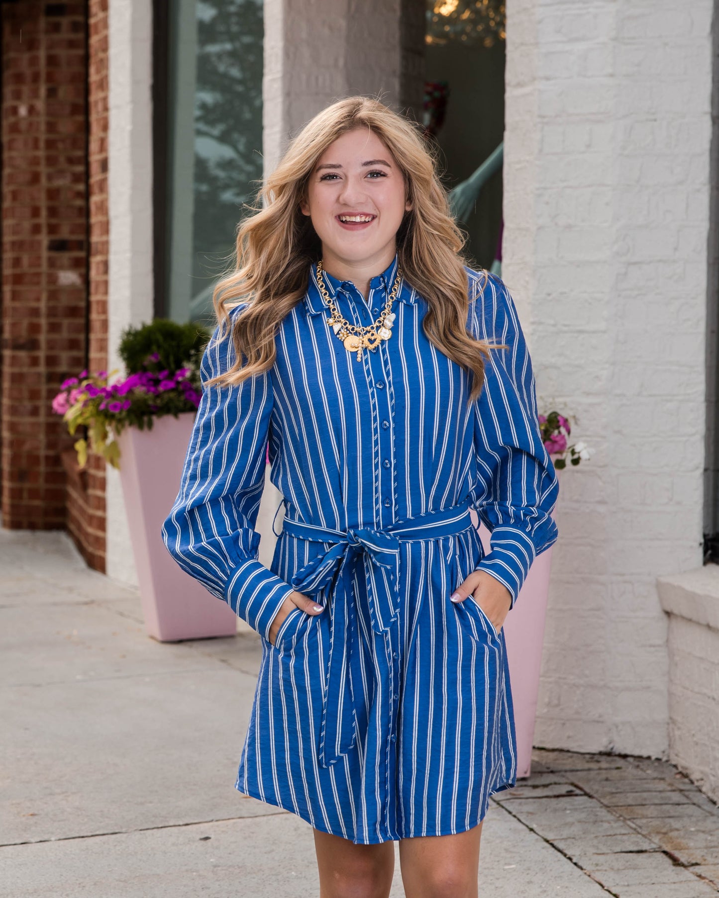 Lennie Stripe Mini Shirt Dress with Piping - Blue