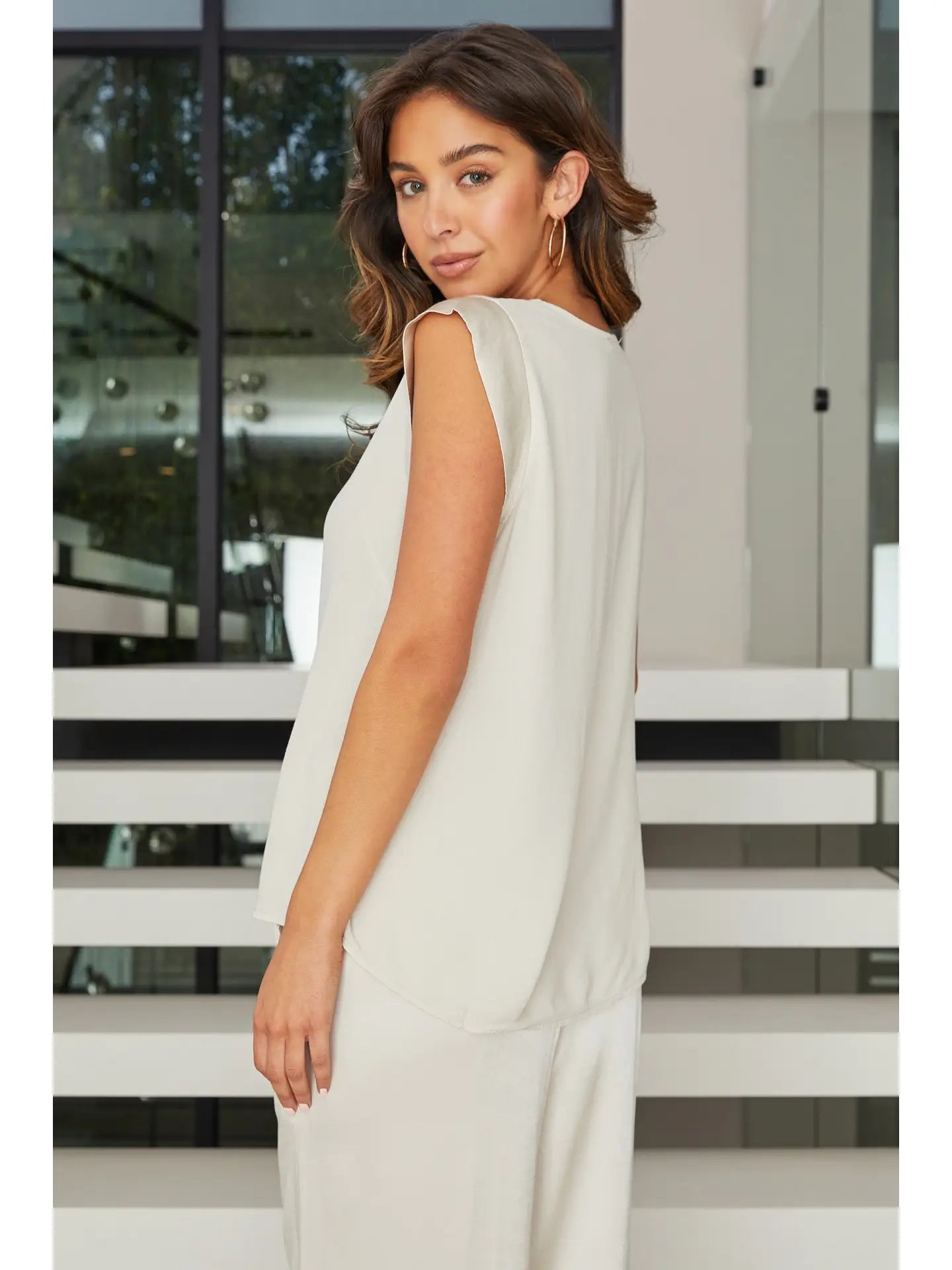 Viscose V-Neck Sleeveless Top - Beige