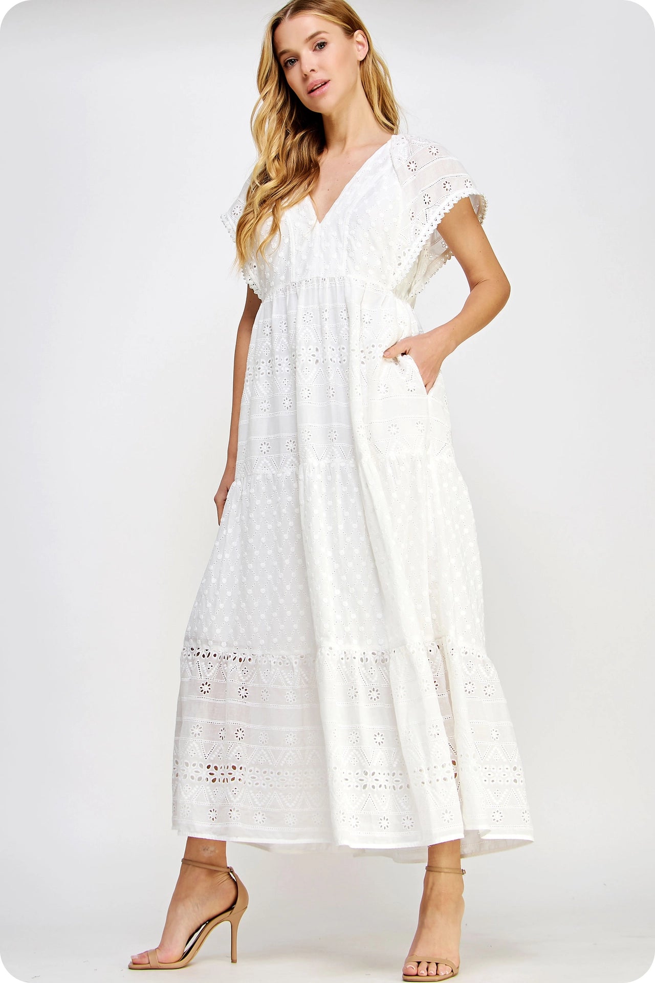 Pearl Trim Details Eyelet Long Dress - White