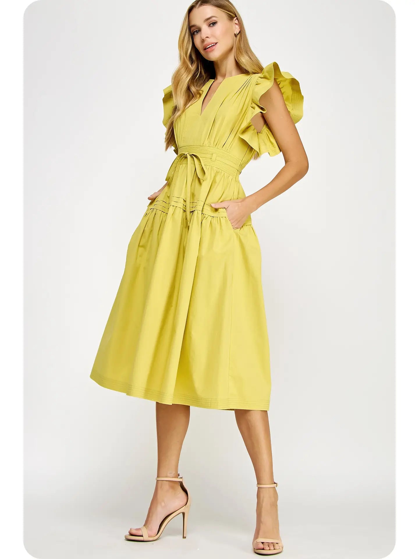 Flutter Sleeve Poplin Midi Dress - Chartreuse