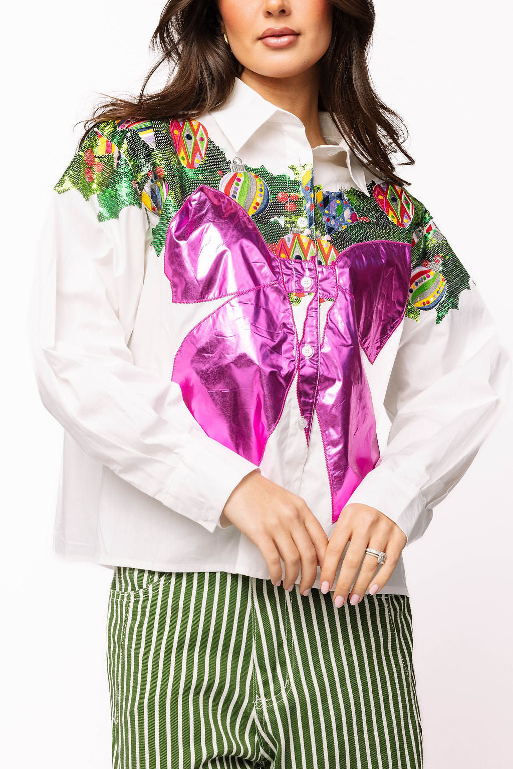White Multi Metallic Wreath Cotton Button Up Top