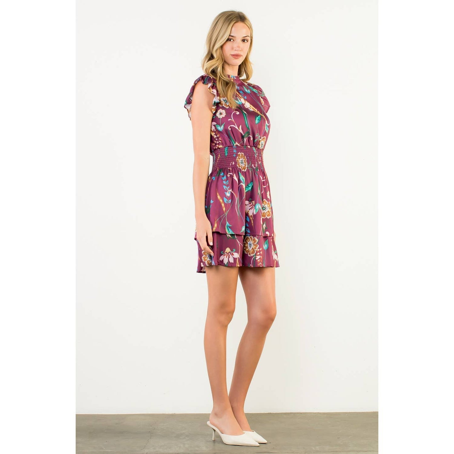 Smocked Waist Flutter Sleeve Dress - Burgundy