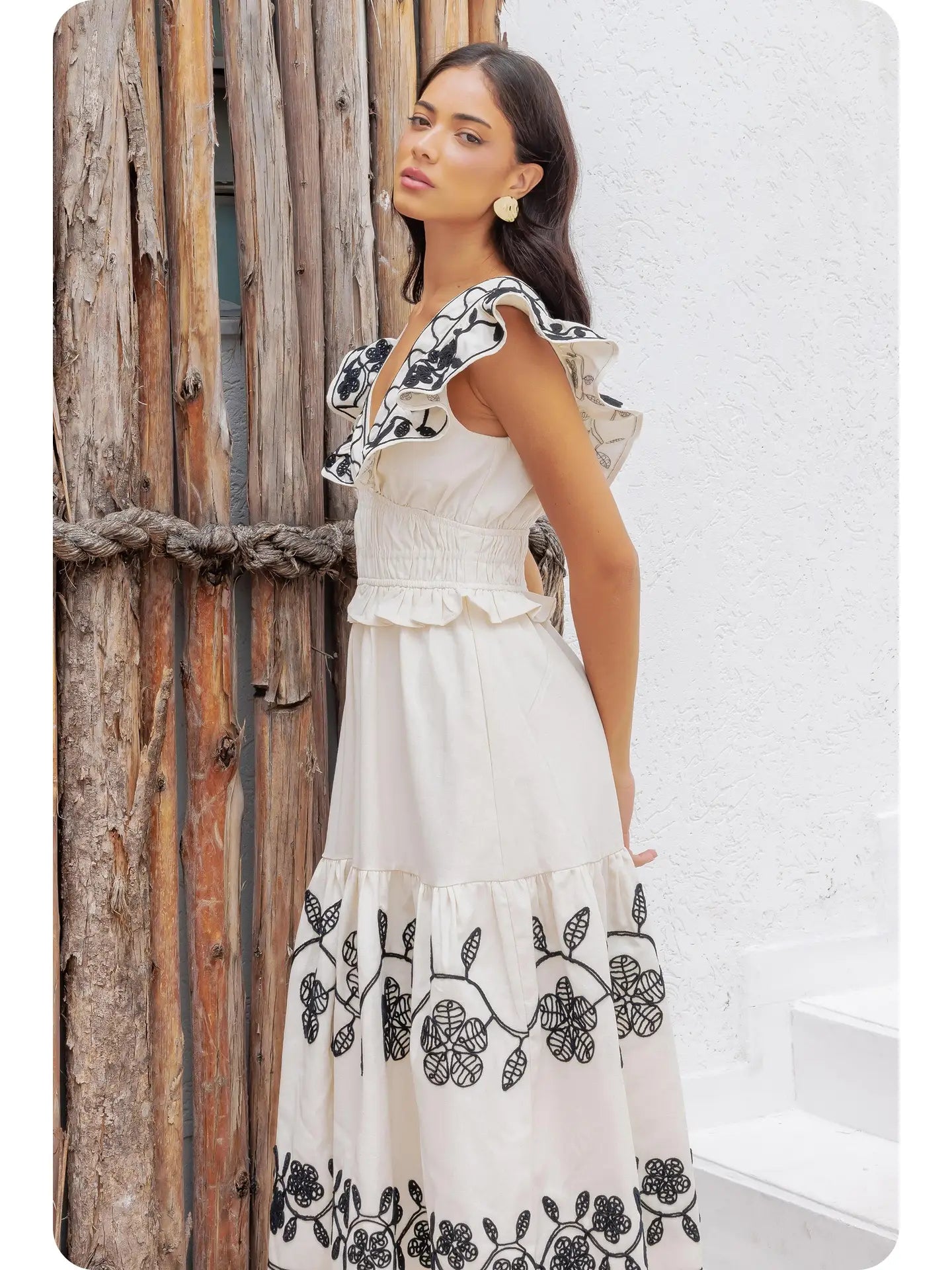 Embroidery Detail Ruffle Linen Long Dress - Ecru