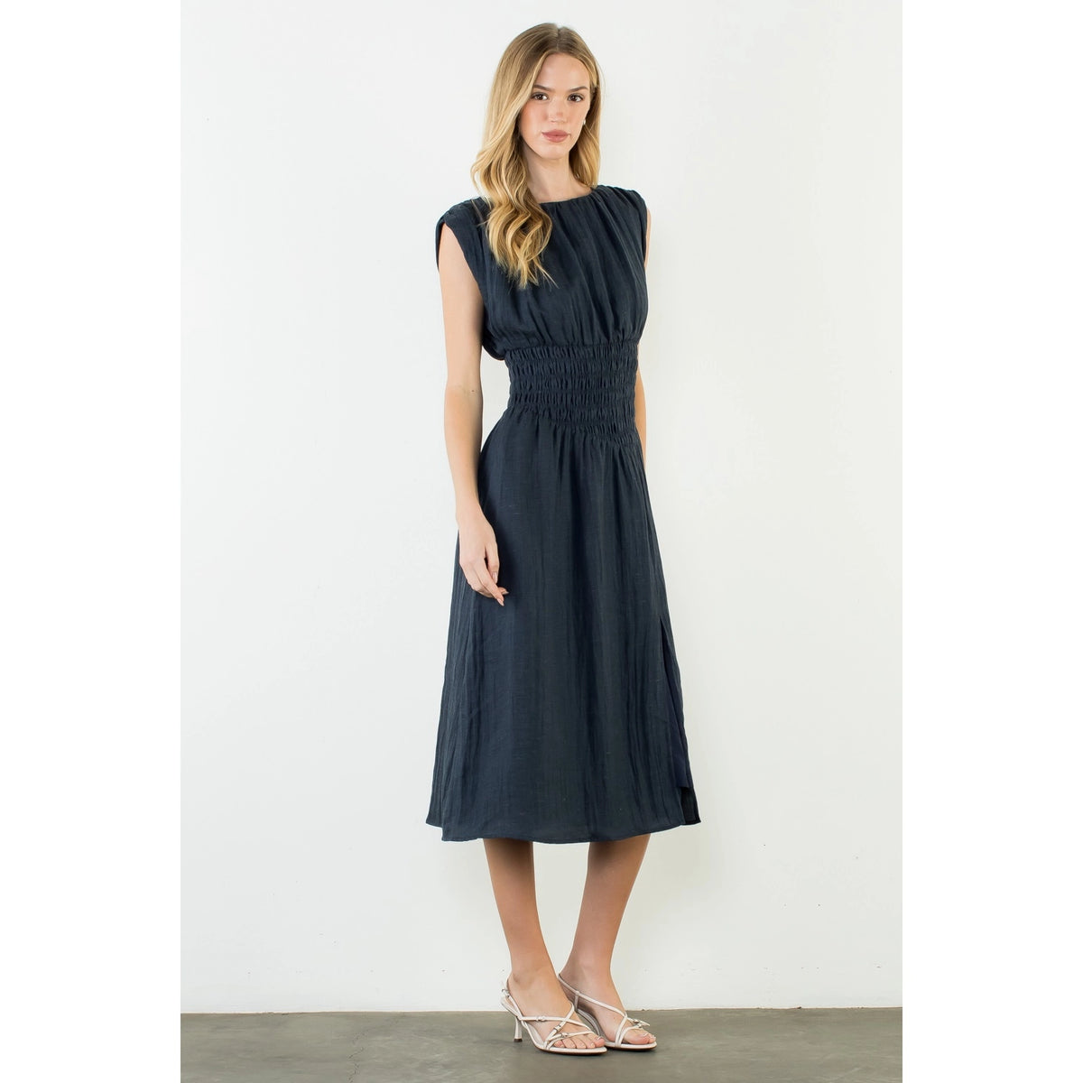 Sleeveless Denim Dress with Side Slit - Denim Blue