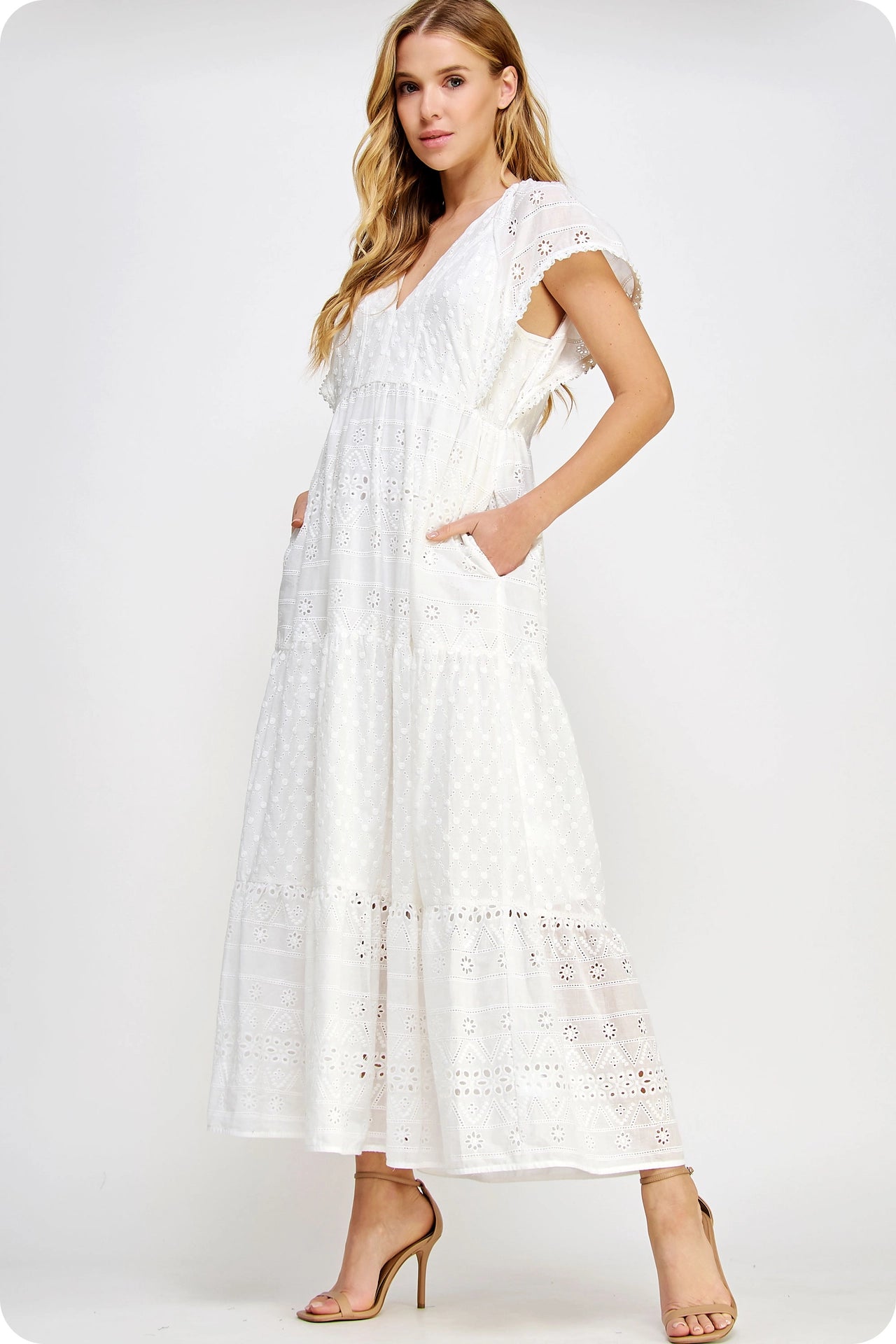 Pearl Trim Details Eyelet Long Dress - White