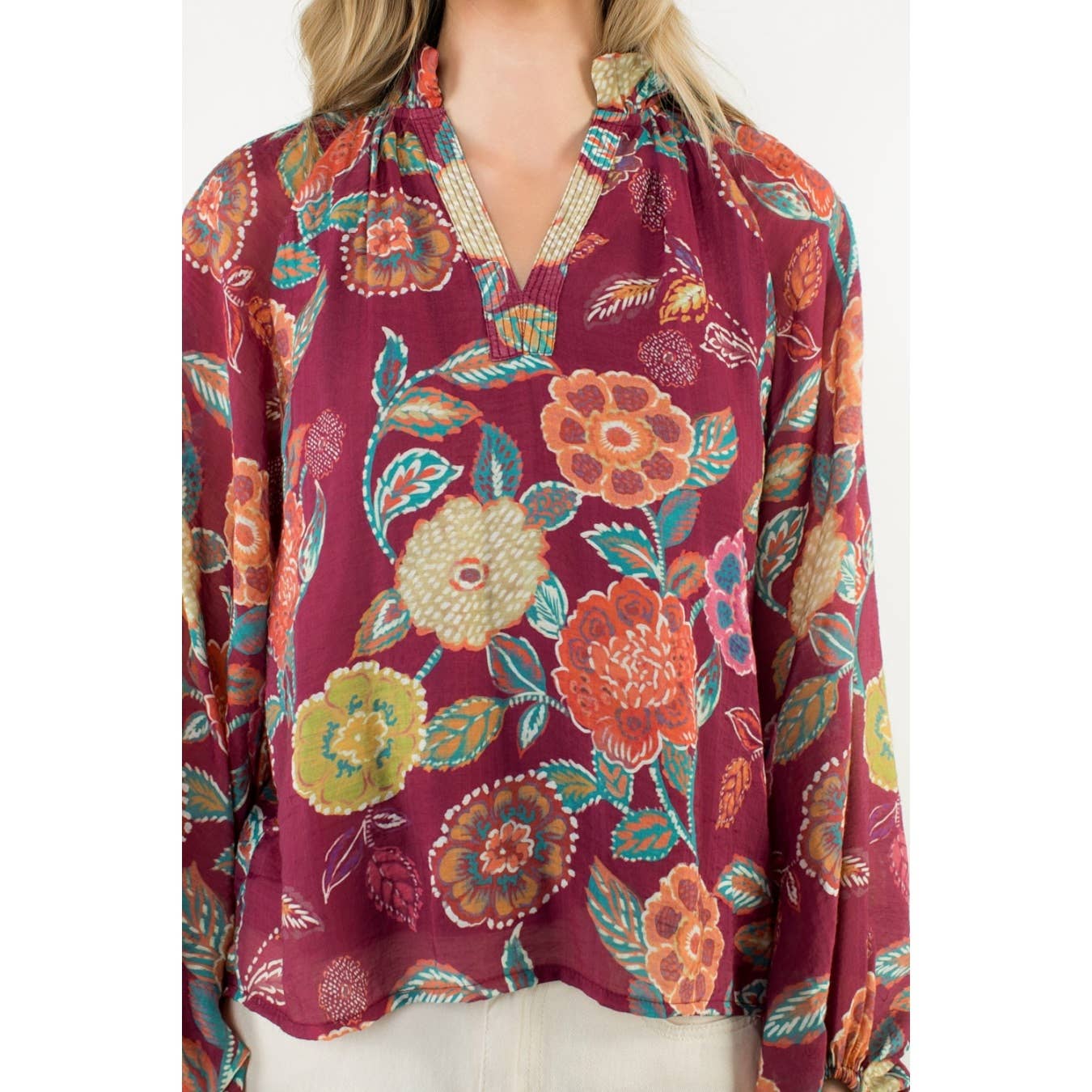 Pleated Collar Floral Long Sleeve Top - Burgundy