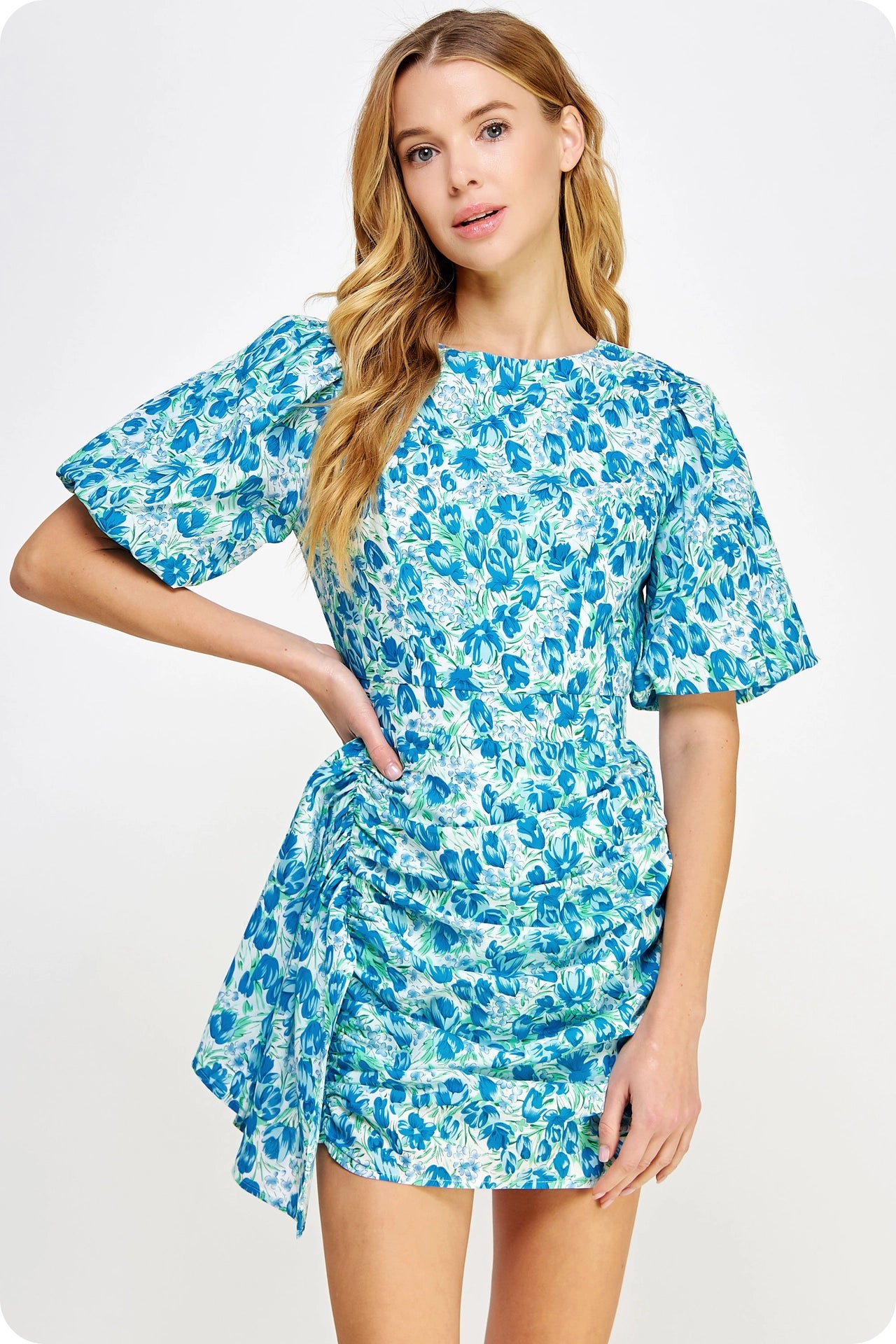 Ruched Short Puff Sleeve Floral Voile Mini Dress - Blue