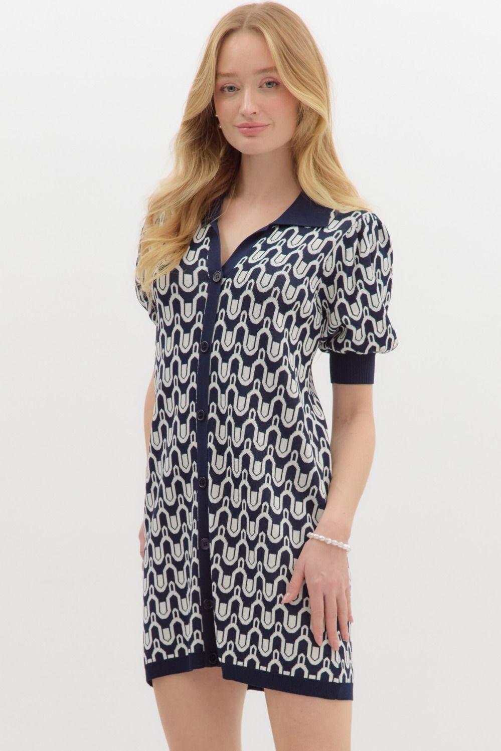 Printed Collared Dress - Navy