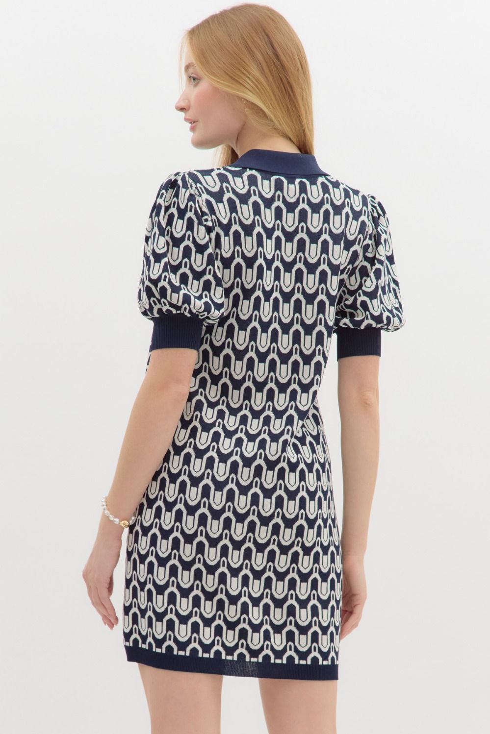 Printed Collared Dress - Navy