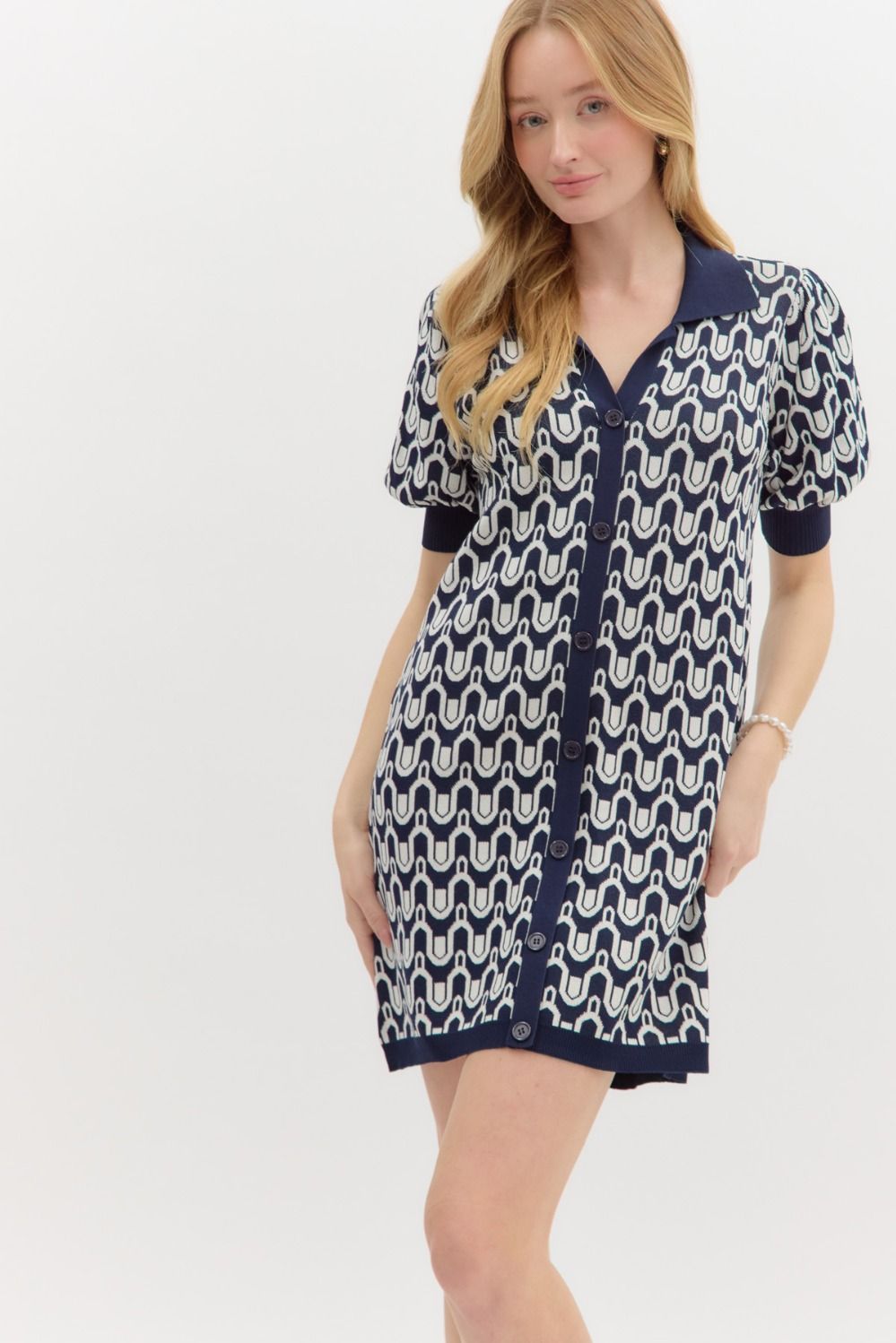 Printed Collared Dress - Navy