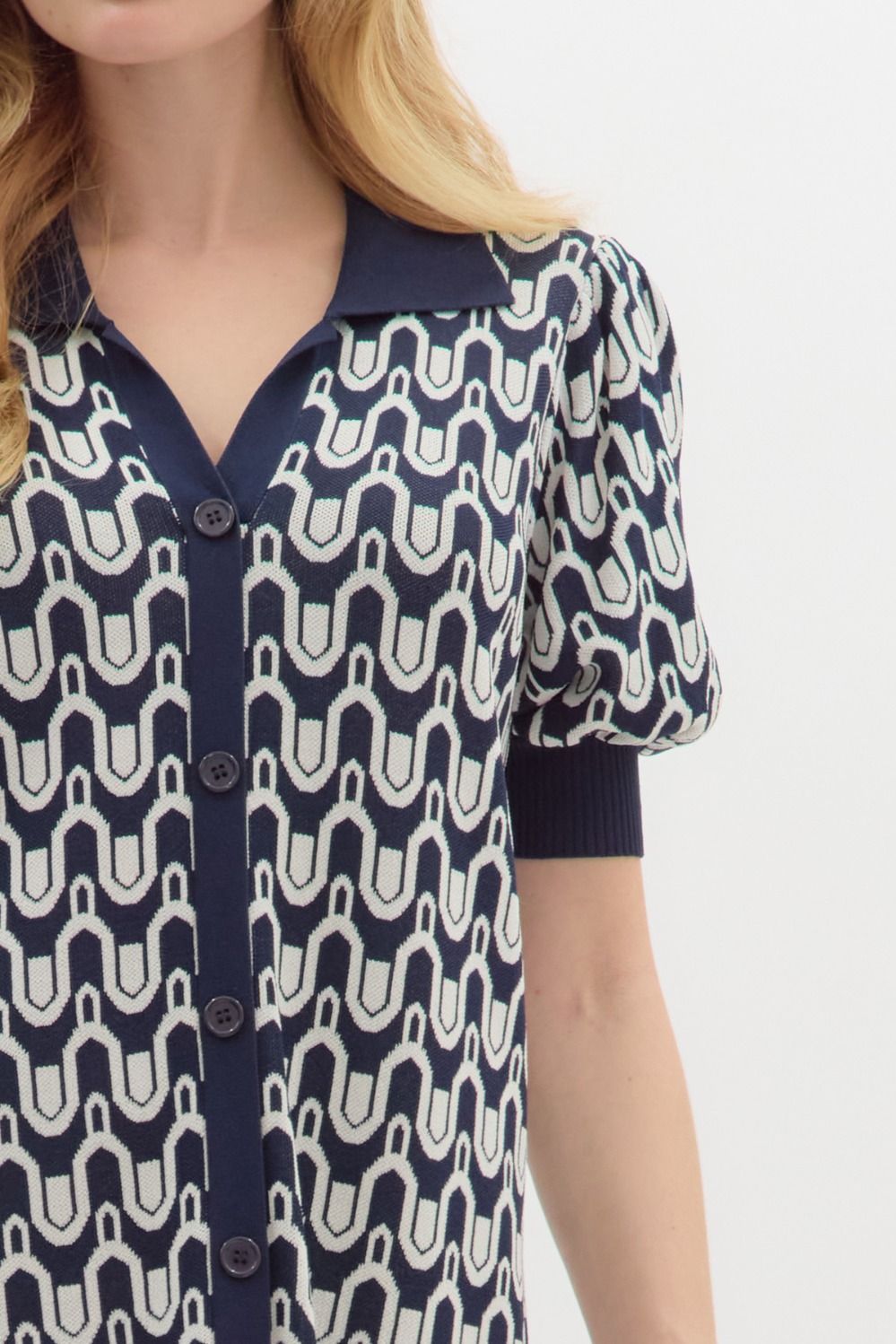 Printed Collared Dress - Navy