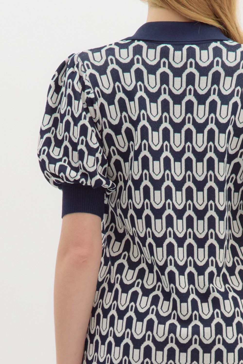 Printed Collared Dress - Navy