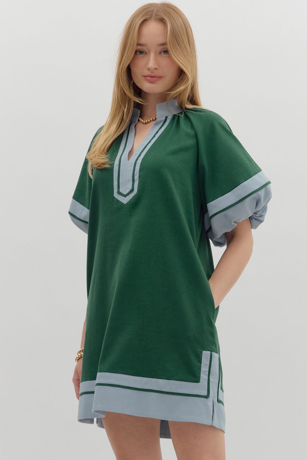 Lantern Sleeve Pullover Dress - Hunter Green