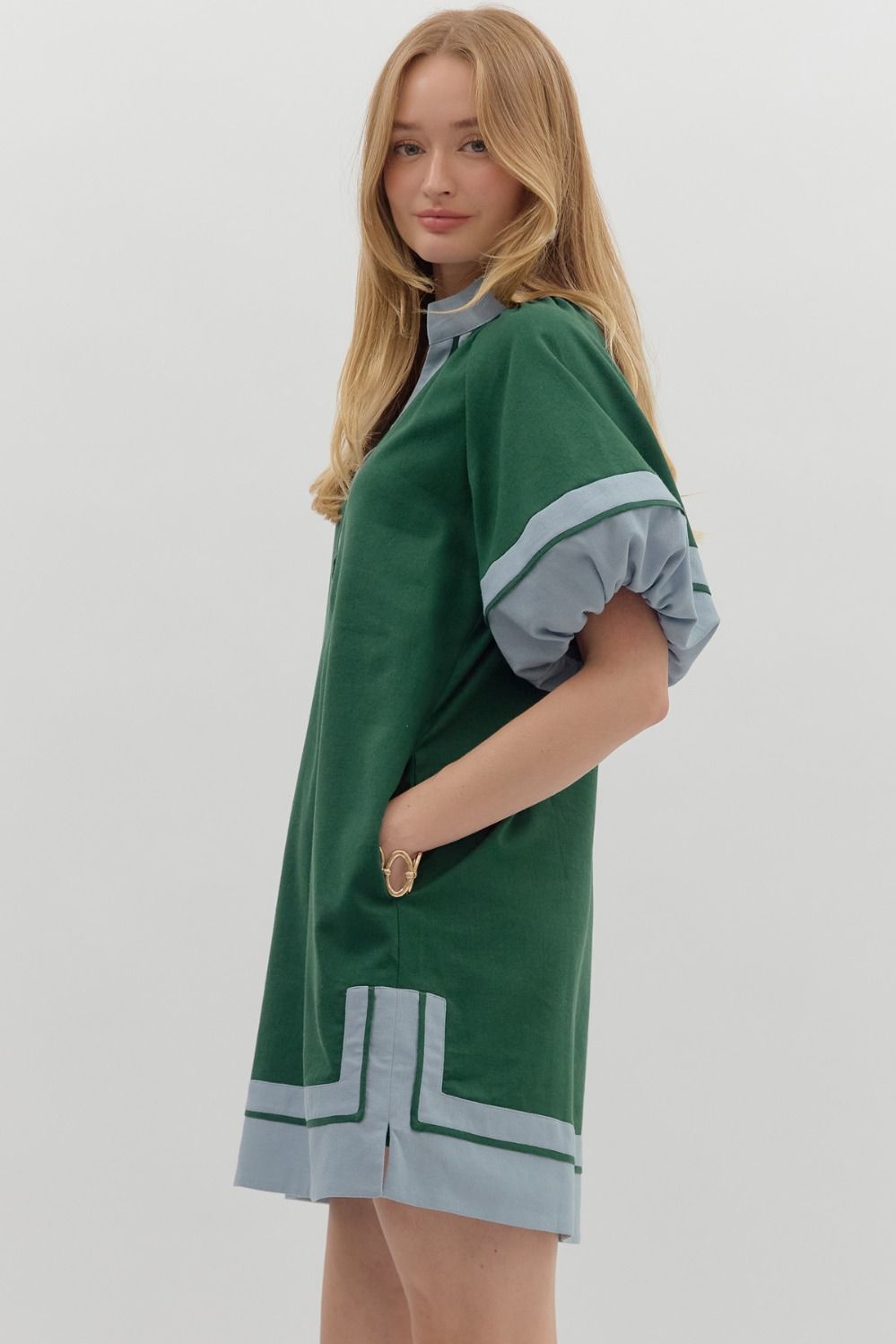Lantern Sleeve Pullover Dress - Hunter Green