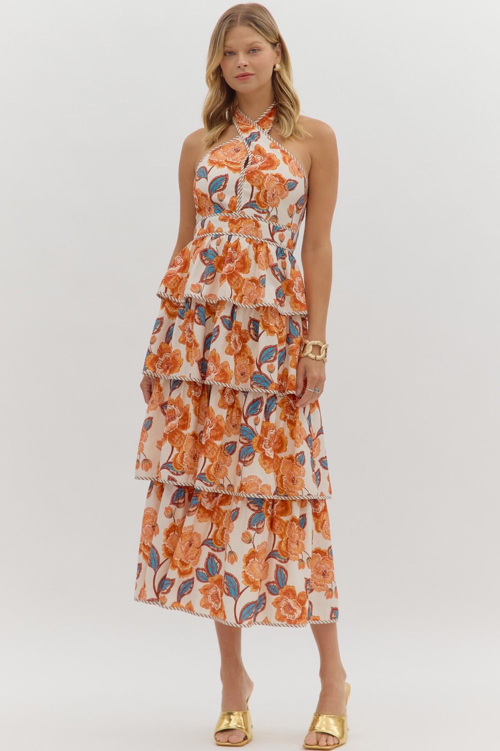 Tiered Floral Print Midi Dress - Amber