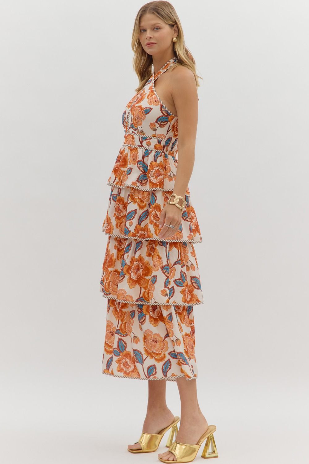 Tiered Floral Print Midi Dress - Amber