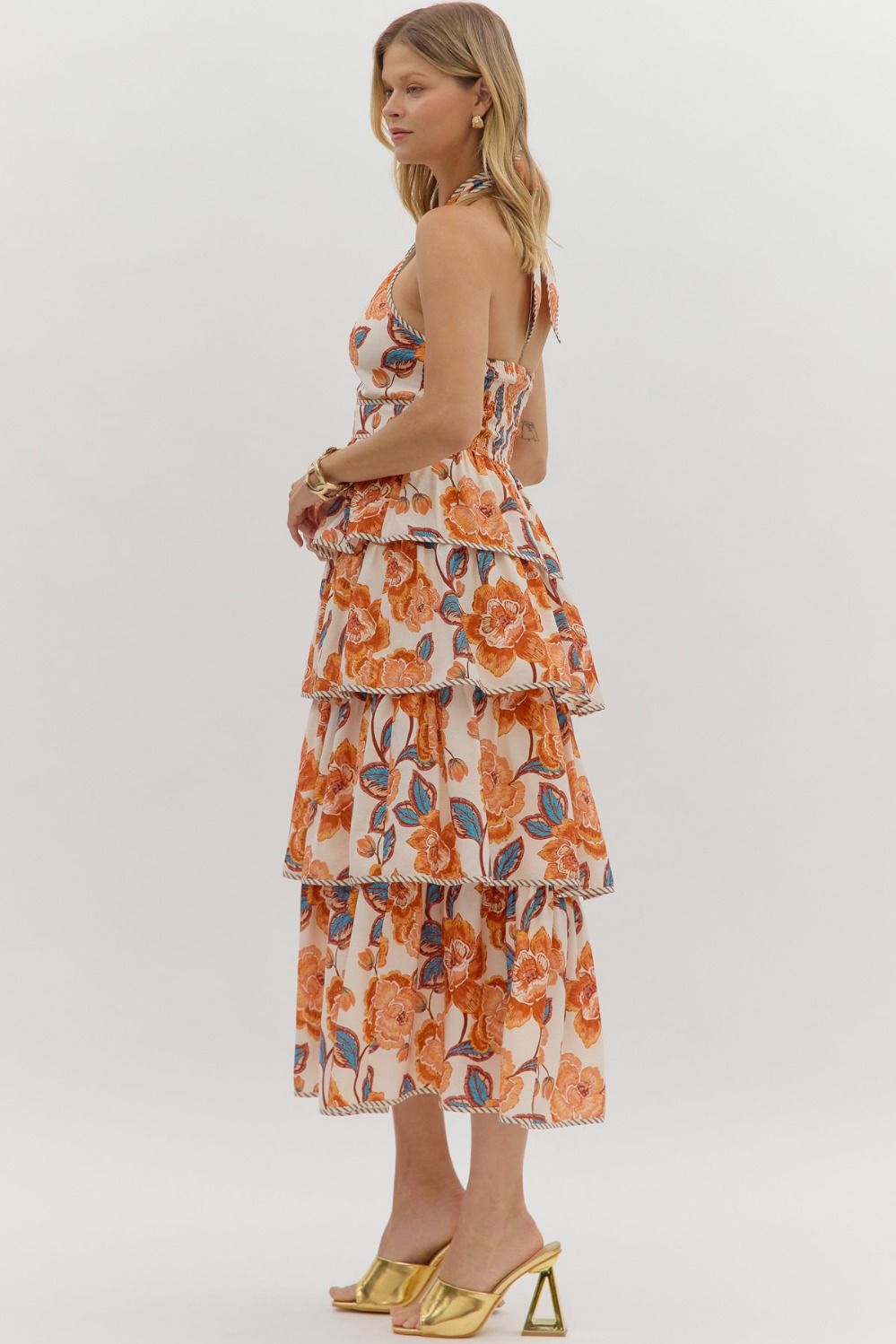 Tiered Floral Print Midi Dress - Amber