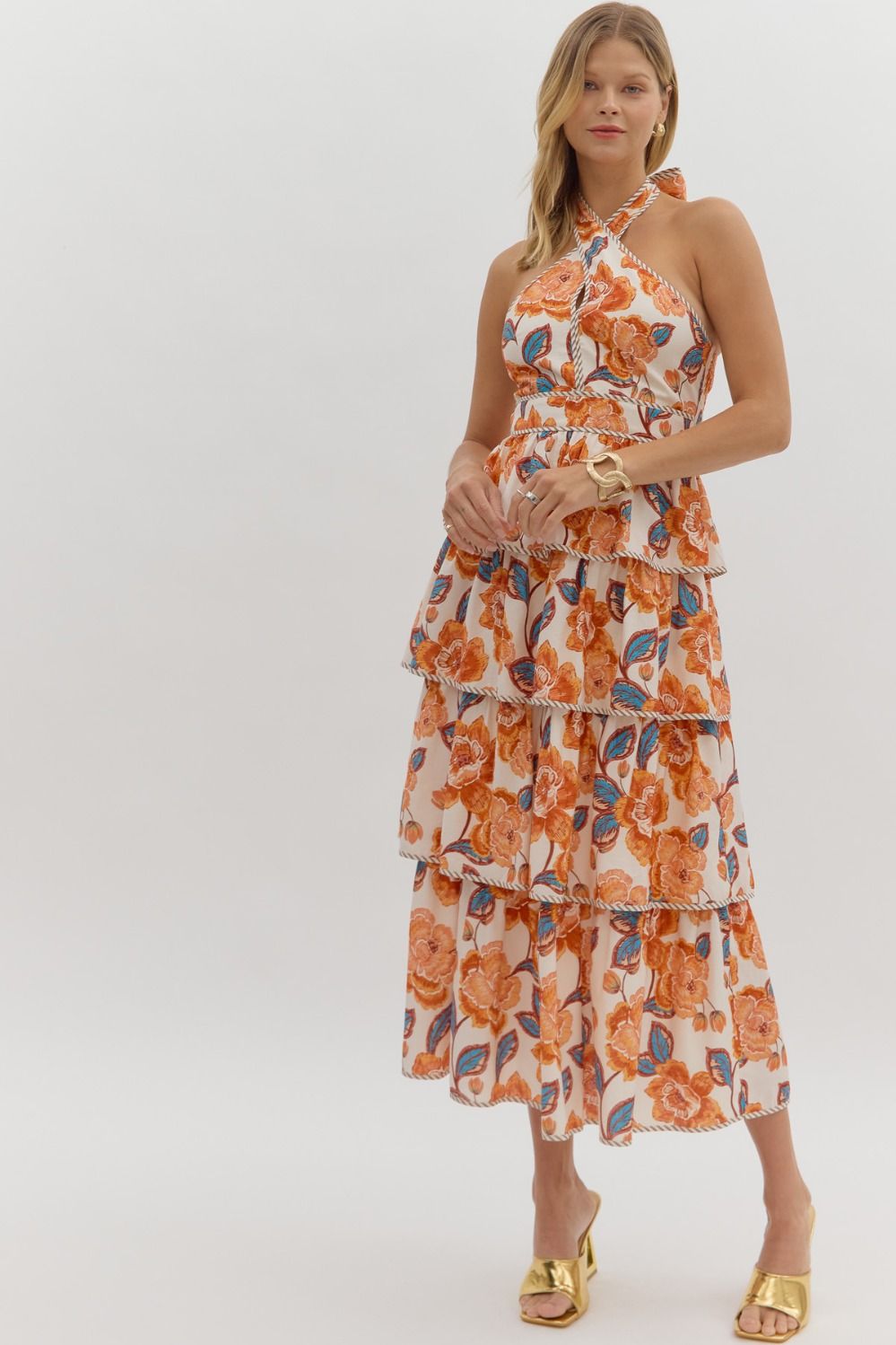 Tiered Floral Print Midi Dress - Amber