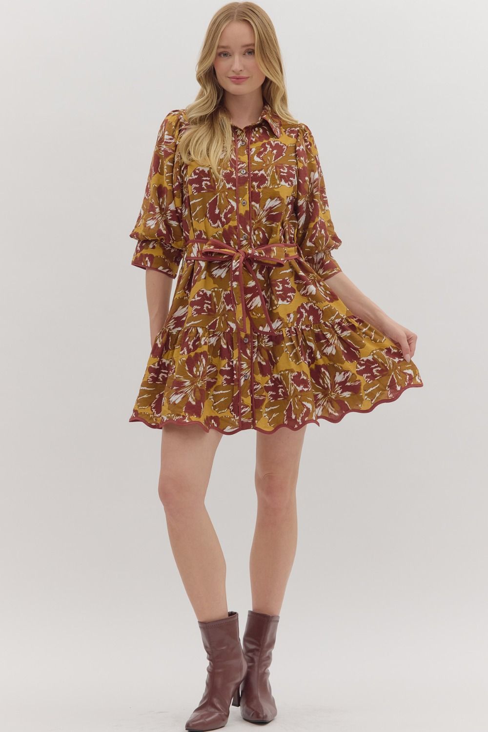 Floral Print 3/4 Sleeve Mini Dress - Brown