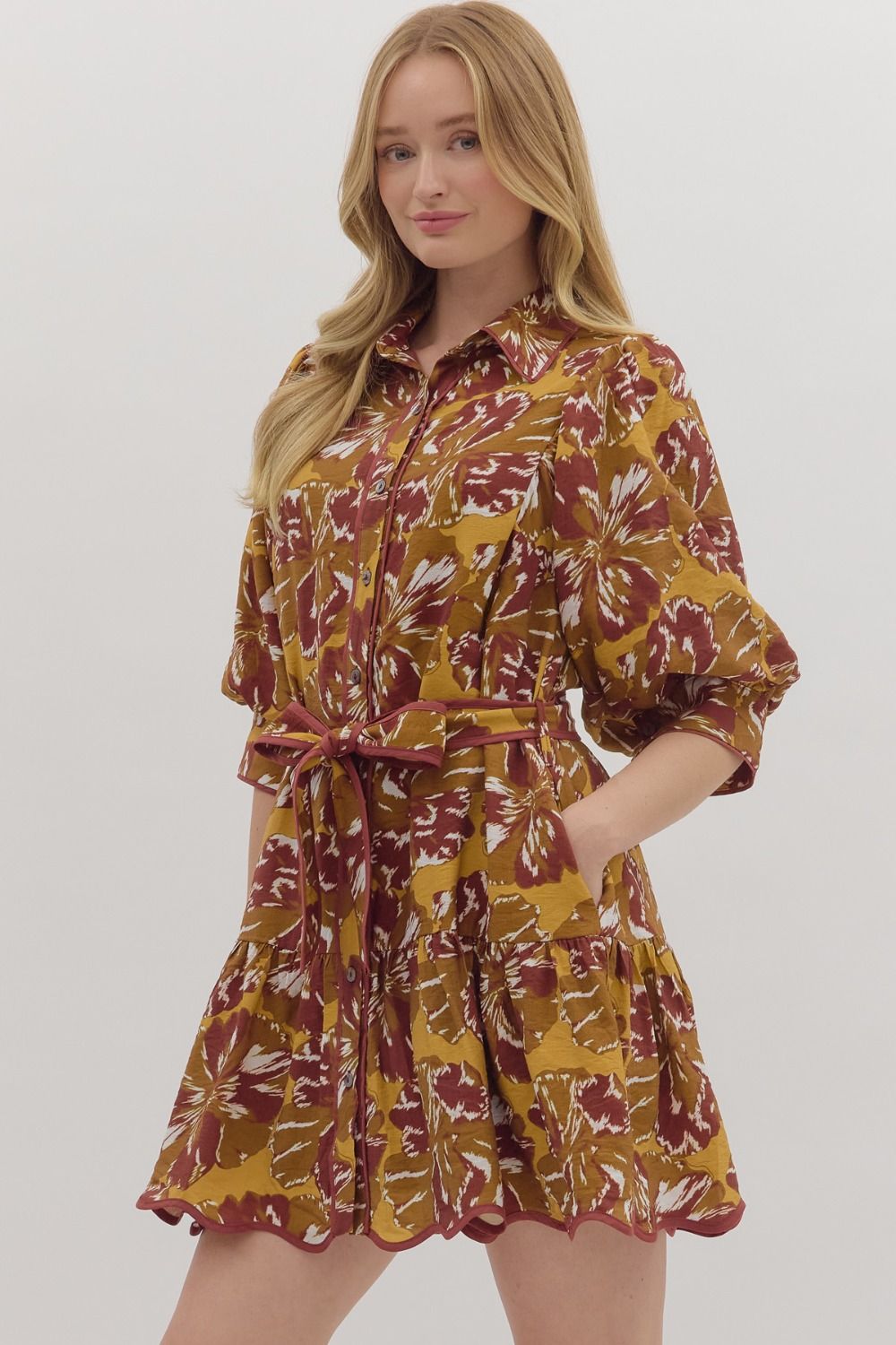 Floral Print 3/4 Sleeve Mini Dress - Brown