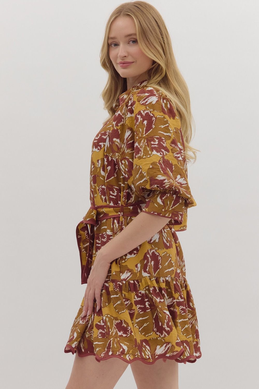 Floral Print 3/4 Sleeve Mini Dress - Brown