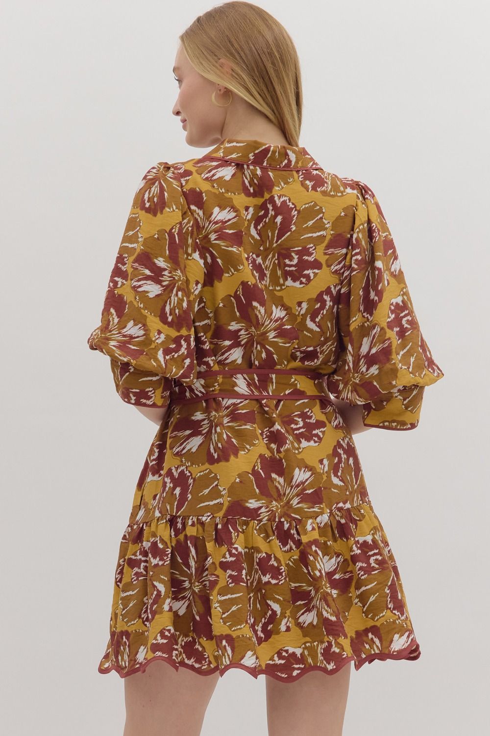 Floral Print 3/4 Sleeve Mini Dress - Brown