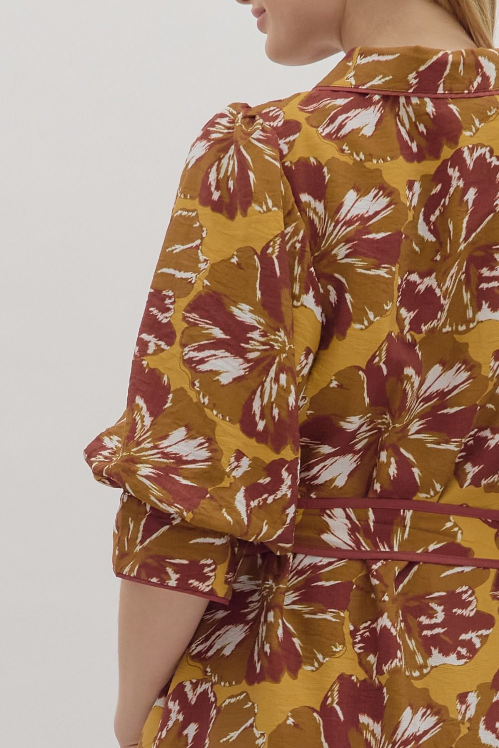 Floral Print 3/4 Sleeve Mini Dress - Brown