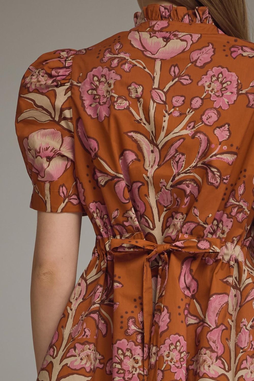 Floral Print Short Puff Sleeve Dress - Rust