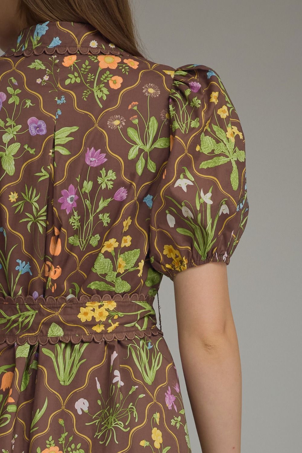 Floral Print Short Puff Sleeve Dress - Brown