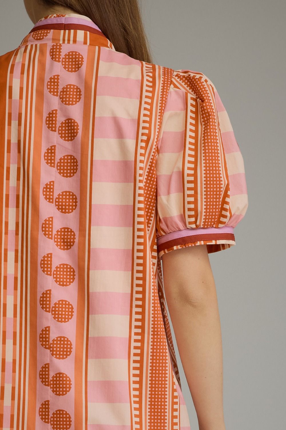 V-neck Button Printed Short Puff Sleeve Mini Dress - Rust Pink