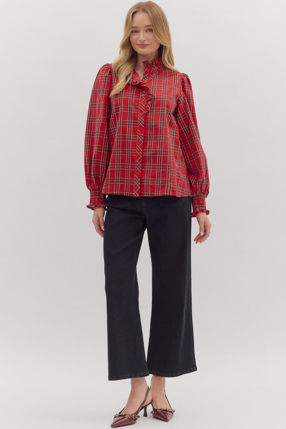 Plaid Long Sleeve Blouse Top - Red