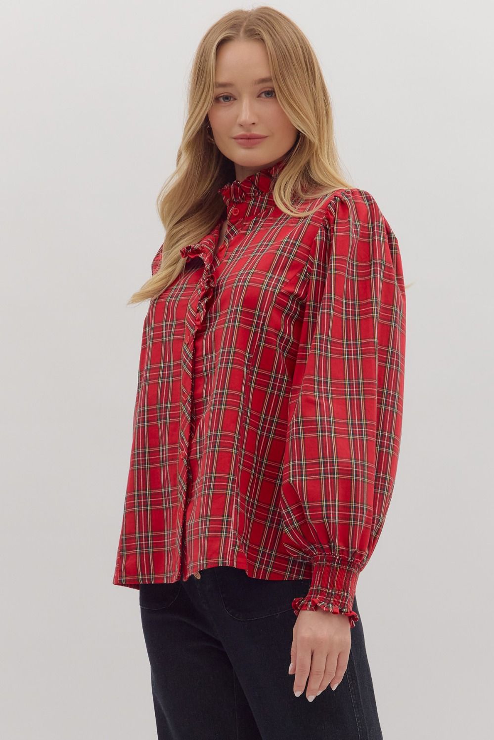 Plaid Long Sleeve Blouse Top - Red